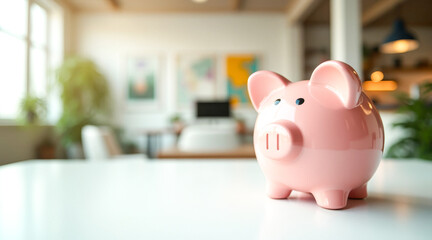 Obraz premium pink piggy bank on a table in a modern home office