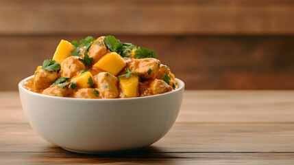 A beautifully plated mango chicken curry in a white bowl, garnished with fresh herbs and spices.
