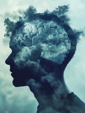 an abstract representation of brain fog depicting human head silhouette with clouded or obscured brain symbolizing difficulty in thinking concentration and mental clarity