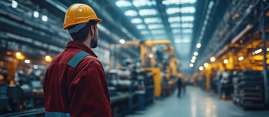 Worker in safety gear observing machinery operation in a bustling industrial warehouse