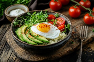 A vibrant breakfast bowl features quinoa topped with sliced avocado, cherry tomatoes, and a poached egg