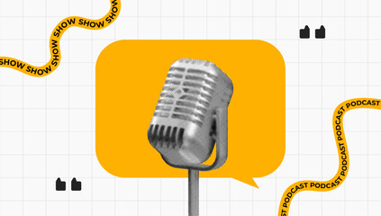 halftone collage, Podcast and talk show concept with a retro microphone, speech bubble, and dynamic text elements. Ideal for podcast branding, radio shows, and voice-related content. Bold, modern, and