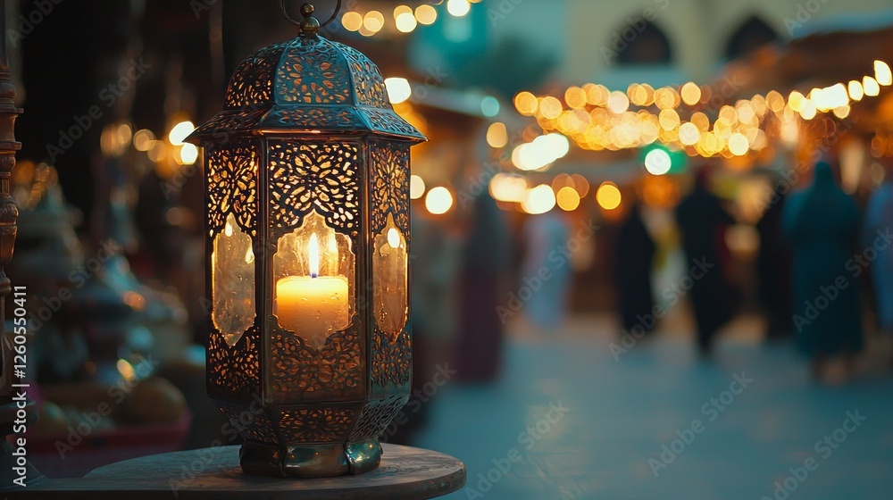 Poster a beautifully crafted lantern adorned with intricate patterns illuminates a bustling market