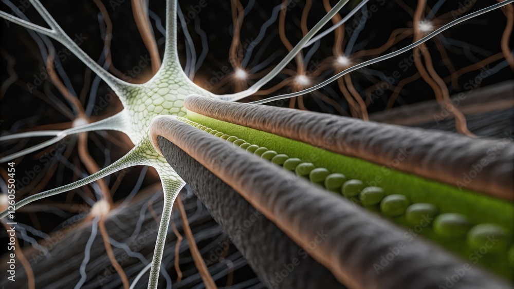 Poster an intricate crosssection of brain tissue revealing s of activated neurons surrounded by an array of