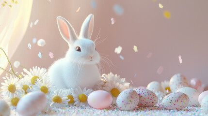 Cute white rabbit surrounded by daisies and colorful Easter eggs in soft pastel setting