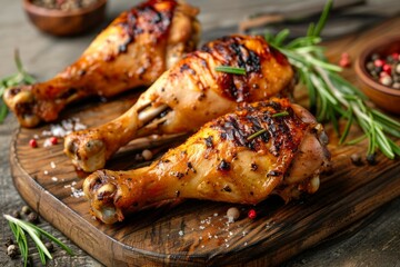 Grilled chicken drumsticks with rosemary on wooden board. AI generated