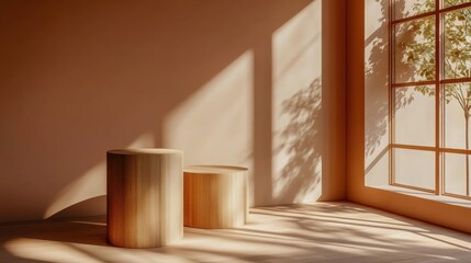Minimalist Interior Space Featuring Wooden Stools and Soft Natural Light with Gentle Shadows