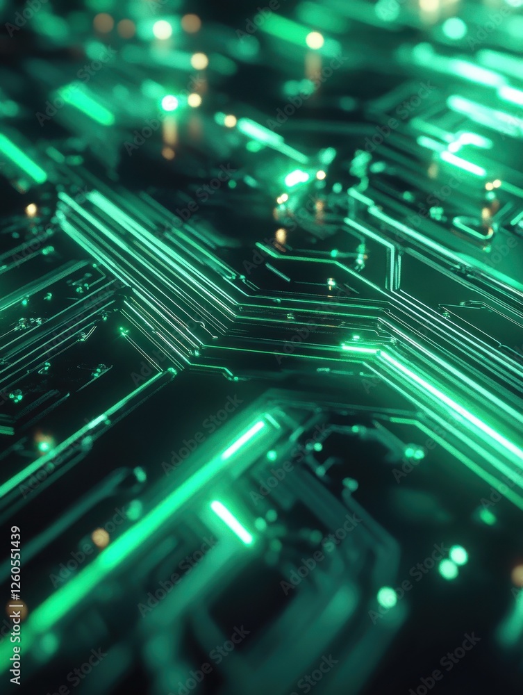 Poster a close-up view of a futuristic circuit board with glowing green lines, symbolizing technology, inno