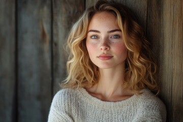 Fototapeta premium Woman, blonde hair, wooden wall, portrait, calm