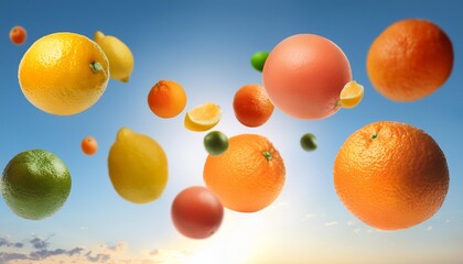 Floating Fresh Citrus Fruits in Mid-Air Against a Bright Gradient Sky