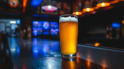 Glass of light beer on a dark pub.