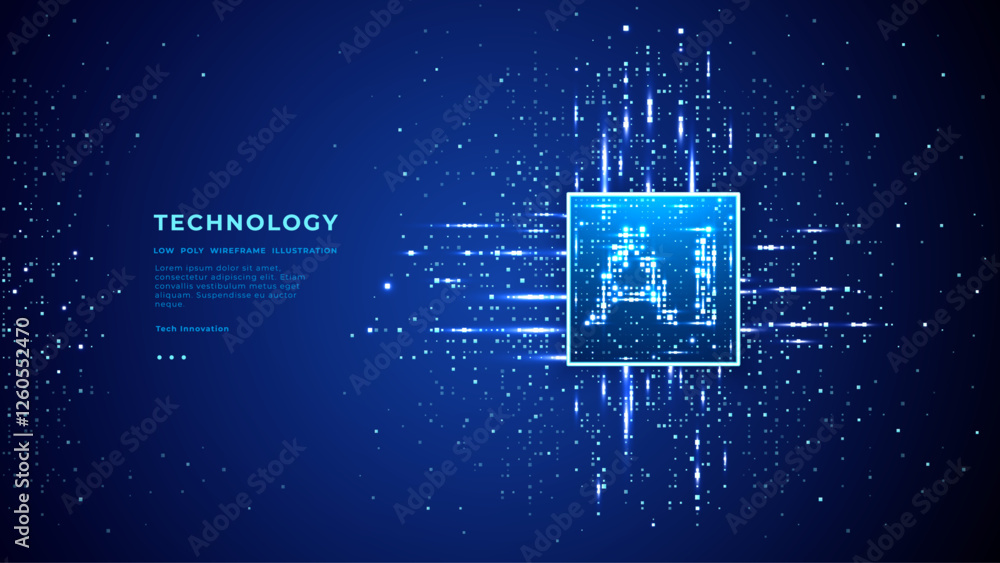 Poster Futuristic AI chip on technology blue background. Artificial Intelligence semiconductor on circuit tech bg. Data flow. Light glowing pixels. CPU processor. Futuristic vector illustration. Electronics