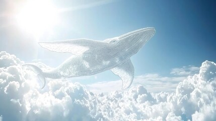 Majestic whale swimming through clouds fantasy landscape digital art serene environment aerial perspective imagination