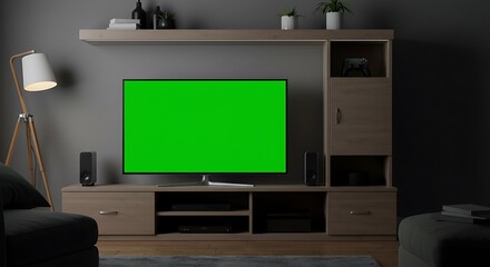 Living Room Interior with Green Screen Tv for Home Entertainment