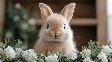 Obraz premium Cute fluffy bunny surrounded by white flowers indoors during daytime