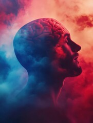 Obraz premium head and mind brain sky background red blue foggy background cloudy head brain fog loneliness anxiety pensive mental health awareness psychology psychiatry mindfulness