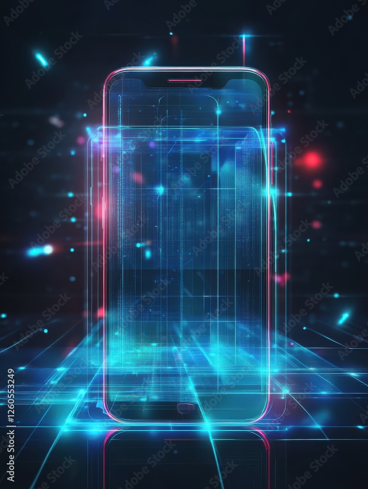 Poster smartphone with digital screen hologram. composition smart object and smart technology design. graph