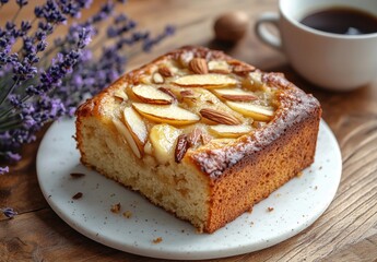 Delicious homemade apple almond cake on wooden table beside a cup of coffee and lavender flowers in soft lighting, a delightful treat for any occasion