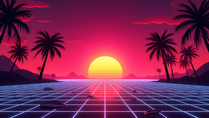 Retro 80s synthwave sunset background