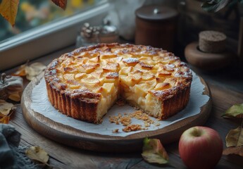 Delicious homemade apple cake with golden crust and fresh apples displayed on wooden table near window with autumn leaves and rustic decor