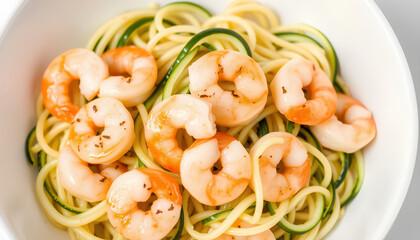 Lightly seasoned shrimp and zucchini noodles tossed in olive oil and garlic, presented in a modern minimalistic white bowl 2