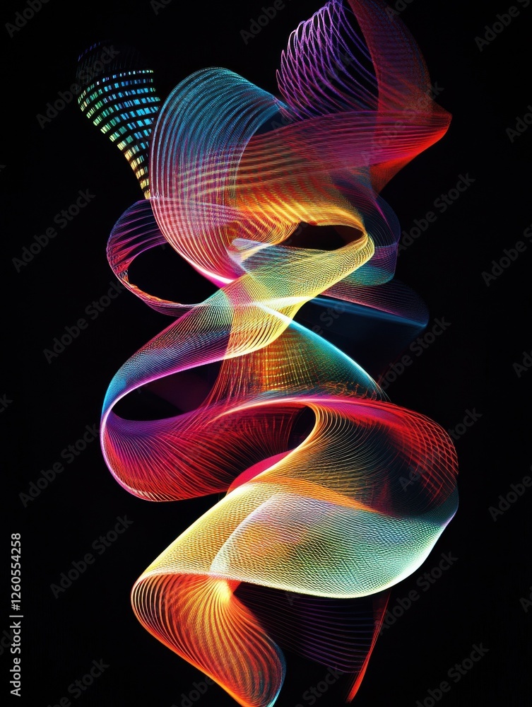 Poster a dynamic graphic with colorful lines that swirl and change shape, creating a sense of movement and 