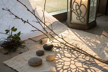 Serene still life with natural stones, branches, and a candle lantern casting intricate shadows on fabric. A cozy, meditative ambiance in soft warm light