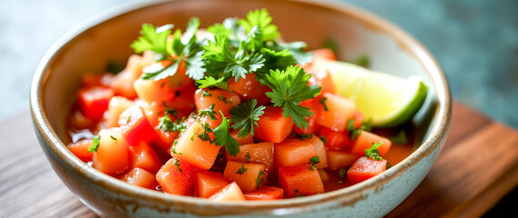 vibrant diced papaya salad in a bowl with parsley and lime
