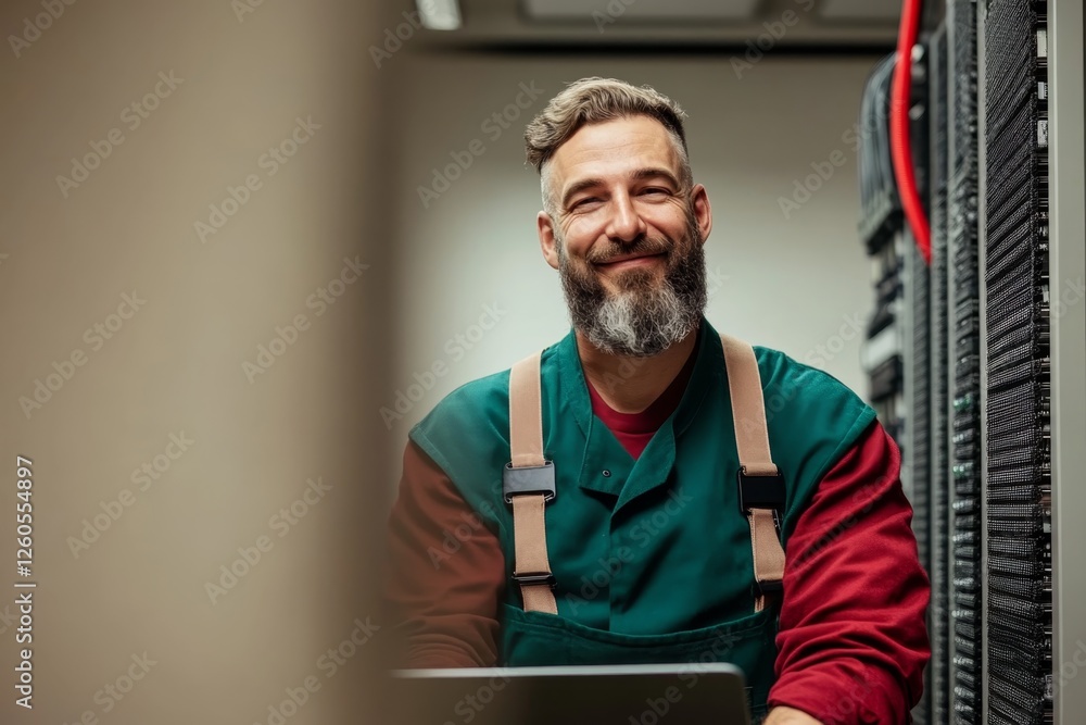 Poster smiling technician working on server maintenance in a data center during daylight hours