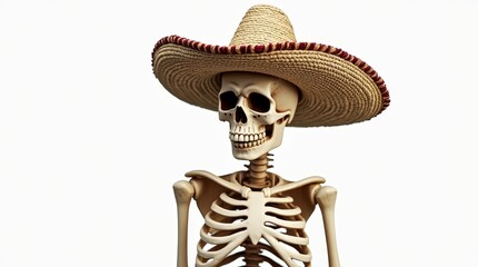 Skeleton wearing traditional straw sombrero on white background, cultural symbol for Day of the Dead, Mexican heritage, or Halloween