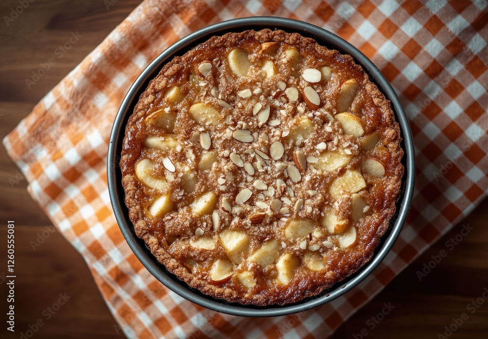 Poster delicious homemade apple pie topped with sliced almonds and crumbs on a checkered tablecloth for a r