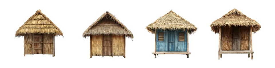 Set of Tropical Tiki Huts with Palm Trees in Island Setting Isolated on Transparent Background