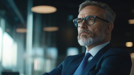 Fototapeta premium Thoughtful businessman in glasses contemplating ideas in office space