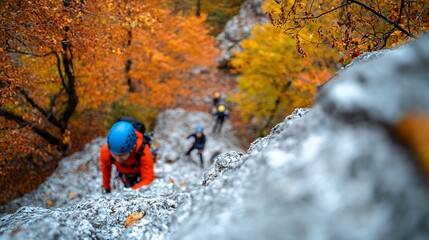 Autumn rock climbers ascend a cliff face, forest backdrop, adventurous activity