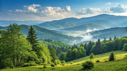 Obraz premium Scenic Summer Landscape of Mountains and Forests Under a Clear Blue Sky