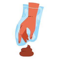 Clean up after your dog concept. Hand holding a plastic poop bag with dog fece. Pet care, environmental awareness and waste disposal. Vector illustration in cartoon style. Isolated white background