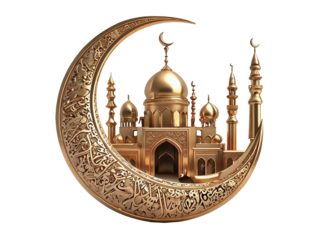 A Golden mosque with crescent moon symbolizing Islamic architecture and culture, Transparent White Background