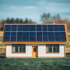 Fototapeta premium A modern house equipped with solar panels, showcasing sustainable energy solutions amidst a serene landscape.