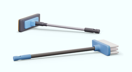 Realistic mop and broom lying down. Recess. Set of insulated tools for dry and wet cleaning. Color devices with long handles. Plastic brush for sweeping