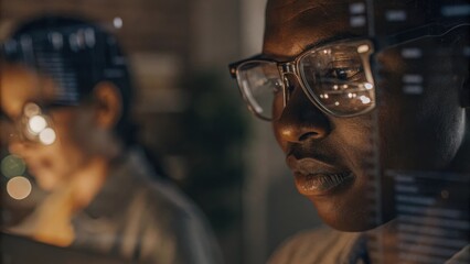 A closeup of an individuals eyes illuminated by holographic data as they strategize with colleagues on emerging technologies and their impact on global business models.