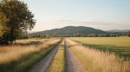 Fototapeta premium Scenic rural dirt road stretching into the distance, flanked by green fields and golden grass, with rolling hills under a clear blue sky