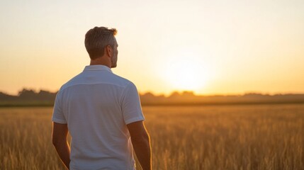 Man in white shirt stands in wheat field watching sunset, with golden sunlight casting warm tones. Peaceful and contemplative atmosphere