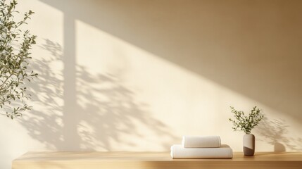 Wooden table with potted plant, folded towels, and sunlight casting shadows on a beige wall, creating a warm and serene atmosphere