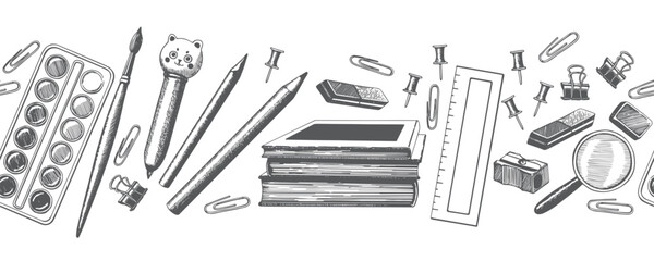Seamless border with stationery, pencil, brush, watercolor paints, books, pen, eraser, magnifying glass. Hand drawn black objects background vector. Education Back to School. Wrapping, fabric, decor 