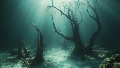 Eerie underwater forest scene with sunbeams piercing through murky water, illuminating submerged trees and a mysterious seabed. Perfect for fantasy, horror, or environmental themes.