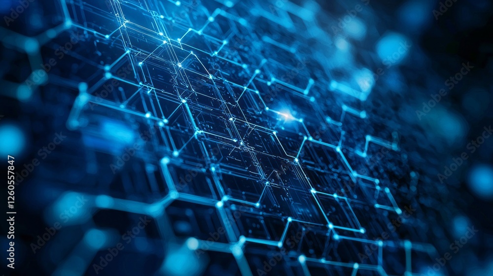 Poster A mesmerizing array of interconnected hexagonal shapes is illuminated in vibrant shades of blue, creating a digital landscape