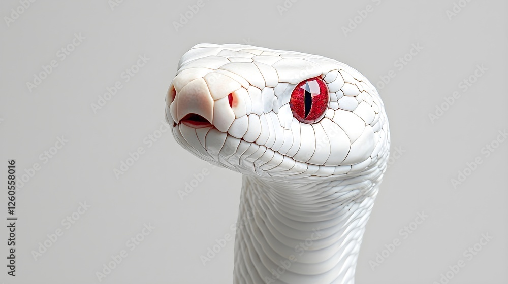 Poster a close-up of a unique white snake with striking red eyes, showcasing intricate textures and feature
