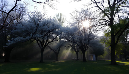 Serene morning park scene with trees in full blossom, soft sunlight, and a peaceful atmosphere 2