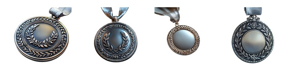Fototapeta premium Set of Elegant Silver Medals with Ornate Design Isolated on Transparent Background