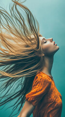 Portrait of a Woman with Flowing Hair in the Wind, Freedom Concept